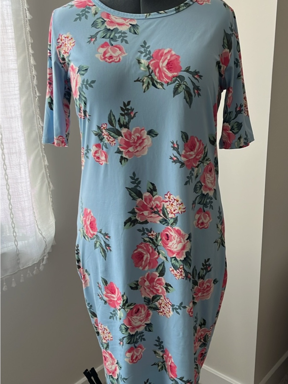 LuLaRoe Light Blue Floral Dress with Pink & Navy Accents